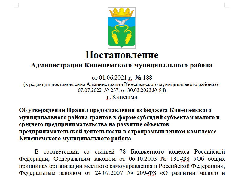 Предоставления из бюджета Кинешемского муниципального района грантов в форме субсидий субъектам малого и среднего предпринимательства.